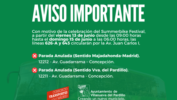 AVISO IMPORTANTE. DESVÍO LÍNEAS 626-A Y 643 POR SUMMERBIKE FESTIVAL